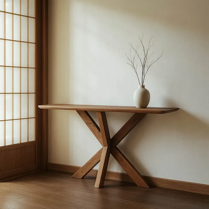 Consolă mango natural Ixia – picioare X, design modern din lemn masiv – vedere laterală [1]