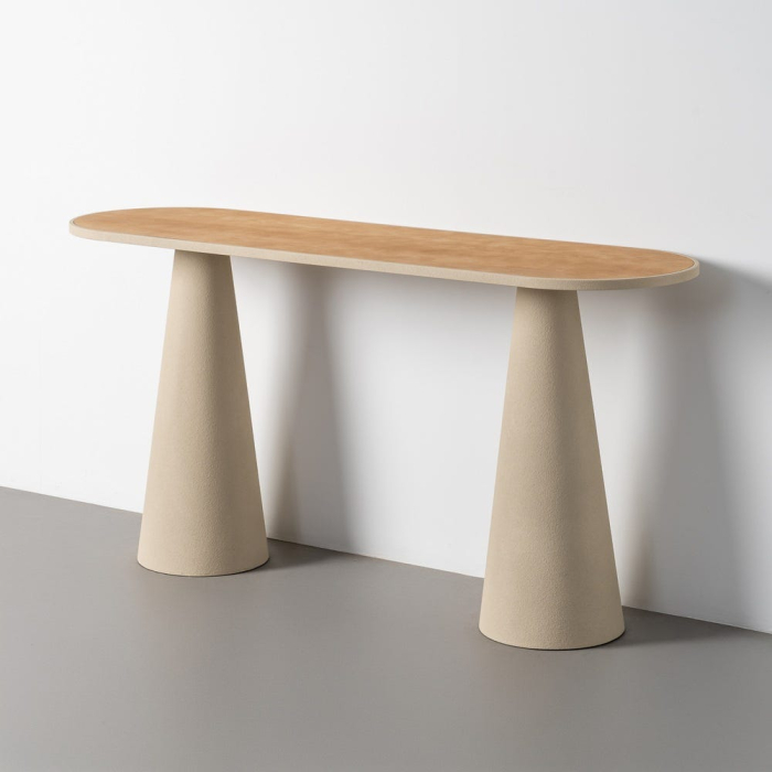 Consolă din MDF și metal crem cu blat oval alungit cu aspect de lemn deschis și picioare conice [2]