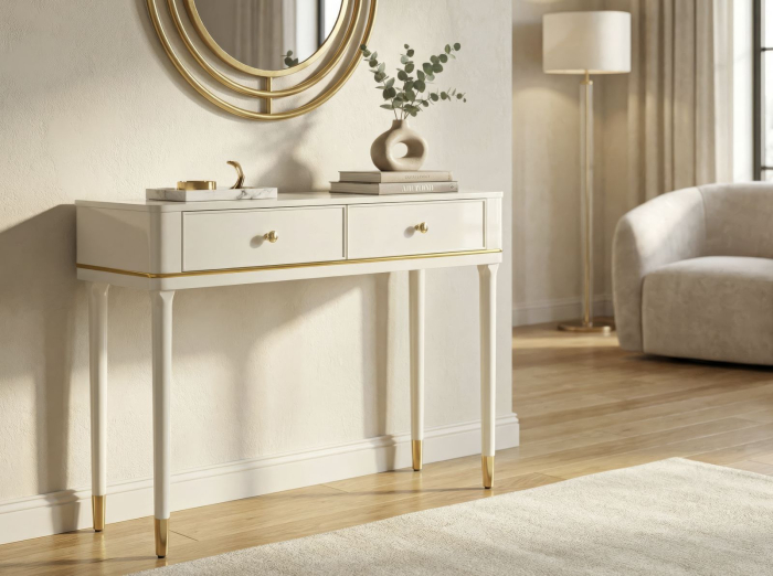Consolă albă din lemn de pin și MDF cu două sertare și accente aurii design elegant [7]