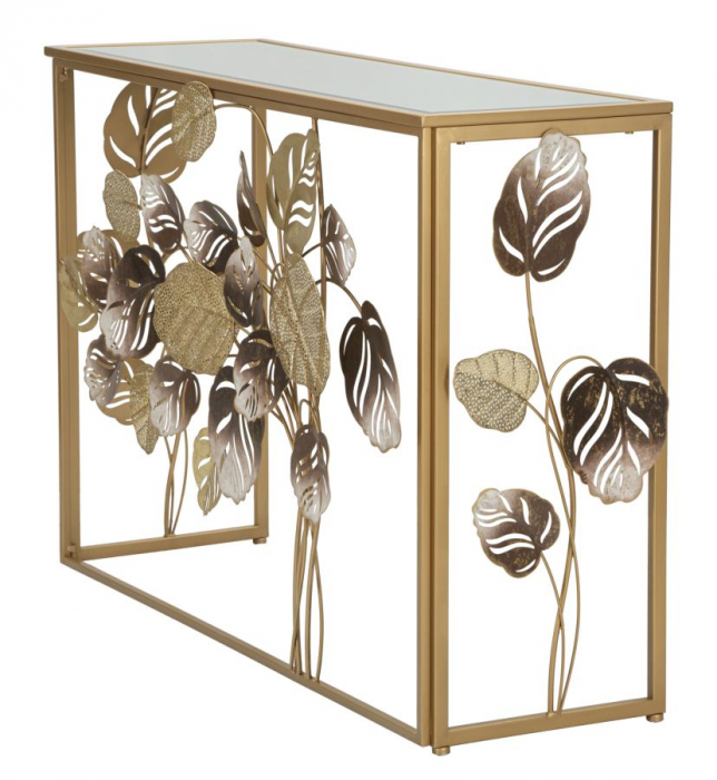 Consola aurie cu blat din oglinda decorata cu frunze Leavy | CreativDeco.ro [5]