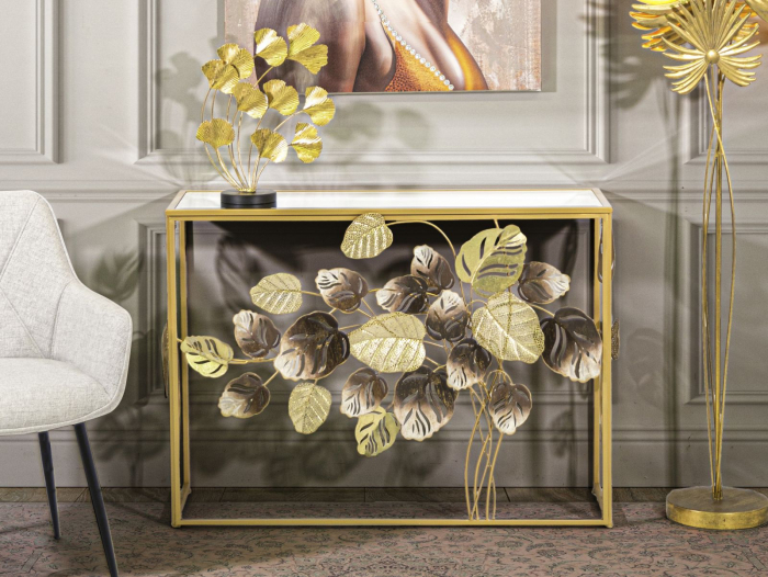 Consola aurie cu blat din oglinda decorata cu frunze Leavy | CreativDeco.ro [2]