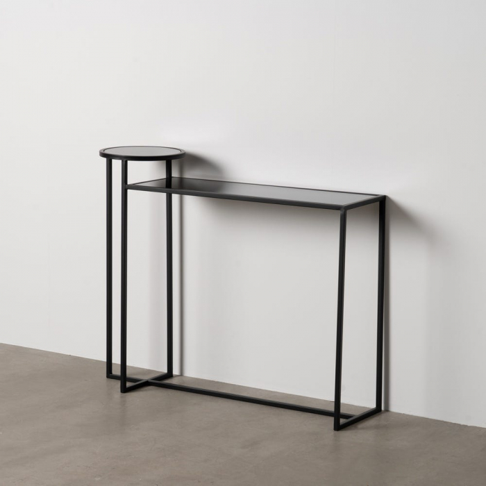 Consolă asimetrică Ixia – sticlă și metal negru, cu platformă rotundă – vedere frontală [1]