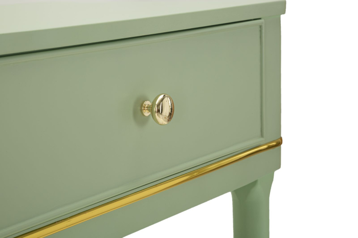 Consolă verde salvie din lemn de pin și MDF cu două sertare și accente aurii design elegant [6]