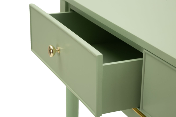 Consolă verde salvie din lemn de pin și MDF cu două sertare și accente aurii design elegant [8]