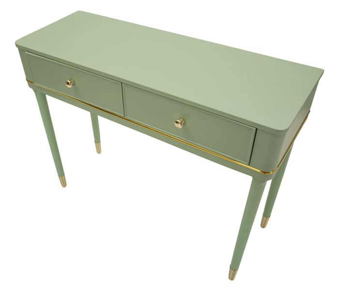 Consolă verde salvie din lemn de pin și MDF cu două sertare și accente aurii design elegant [5]