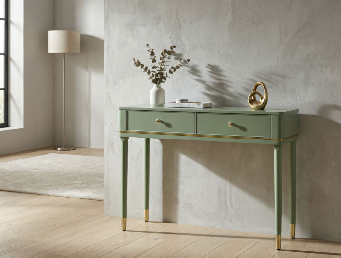 Consolă verde salvie din lemn de pin și MDF cu două sertare și accente aurii design elegant [2]