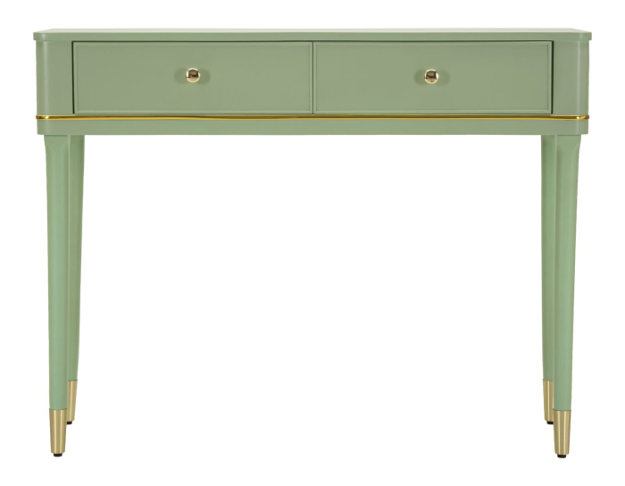 Consolă verde salvie din lemn de pin și MDF cu două sertare și accente aurii design elegant [3]