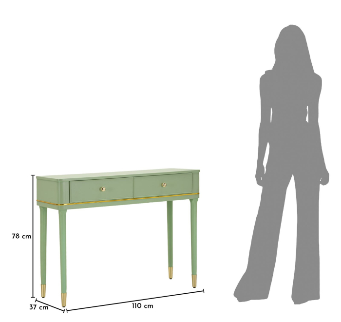 Consolă verde salvie din lemn de pin și MDF cu două sertare și accente aurii design elegant [9]