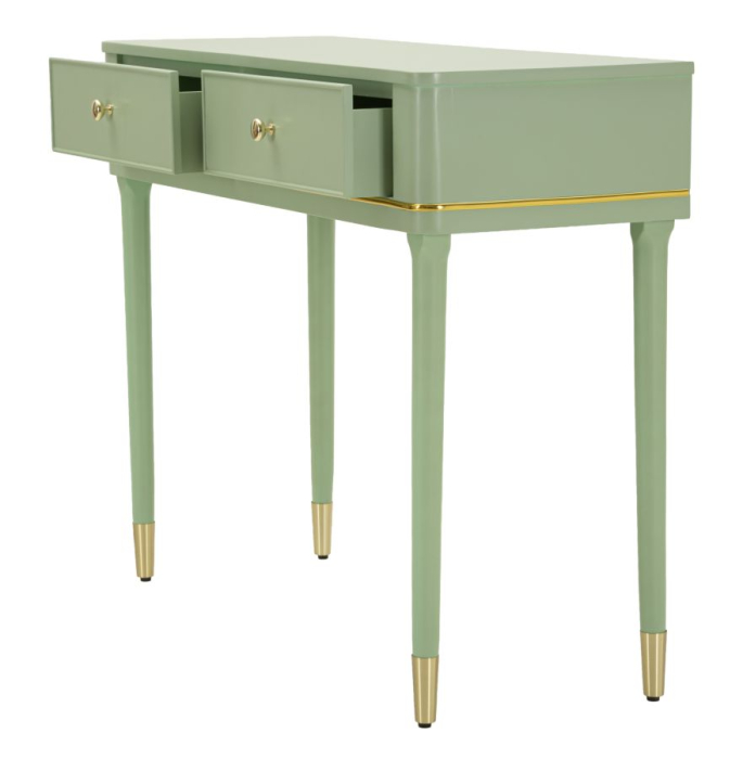 Consolă verde salvie din lemn de pin și MDF cu două sertare și accente aurii design elegant [4]