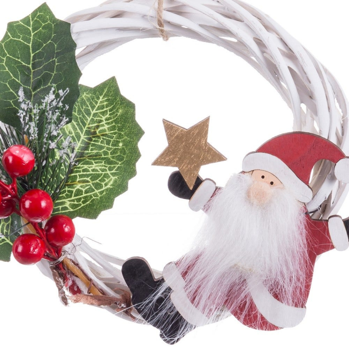 Coroniță albă din răchită cu Moș Crăciun stea aurie frunze de ilex și fructe roșii pentru ușă [2]