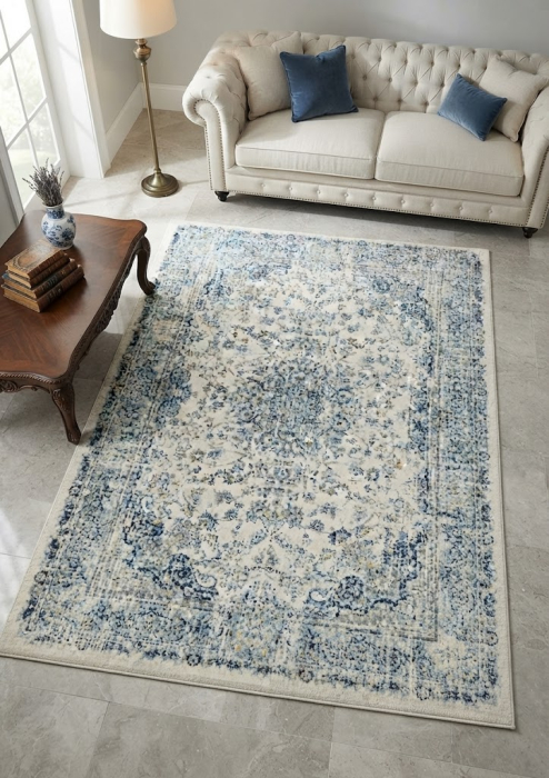 Covor alb albastru pentru living|Covoare vintage elegante [2]