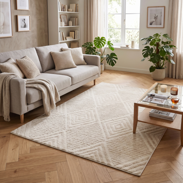 Covor bej cu romburi in relief si baza antiderapanta integrata, dimensiune 160x230 cm [2]