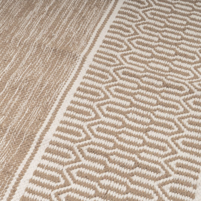Covor din bumbac taupe cu câmp melanjat și borduri geometrice fine la capete [2]