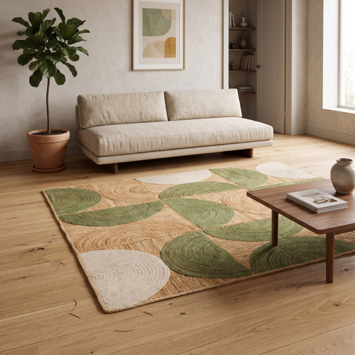 Covor din iută natural-verde cu model geometric din semicercuri – imagine principală în living [2]