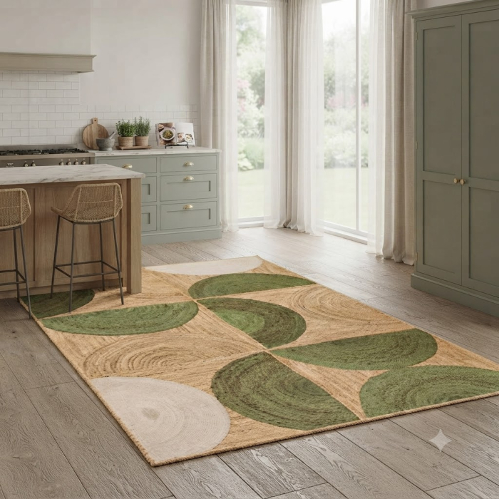 Covor din iută natural-verde cu model geometric din semicercuri – imagine principală în dining [8]