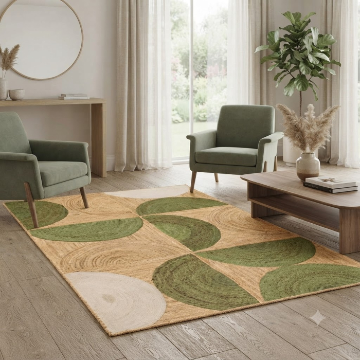 Covor din iută natural-verde cu model geometric din semicercuri – imagine principală în dining [2]