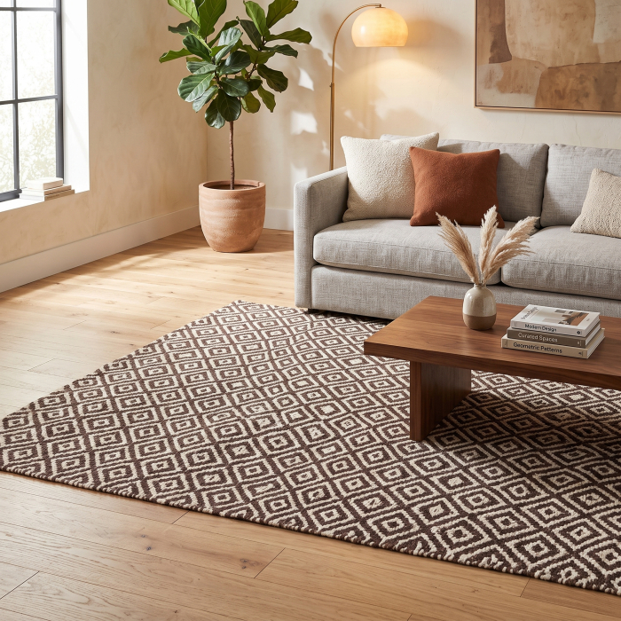 Covor din iută natural maro model geometric Altea – vedere de sus, romburi repetate, textură de iută. [2]