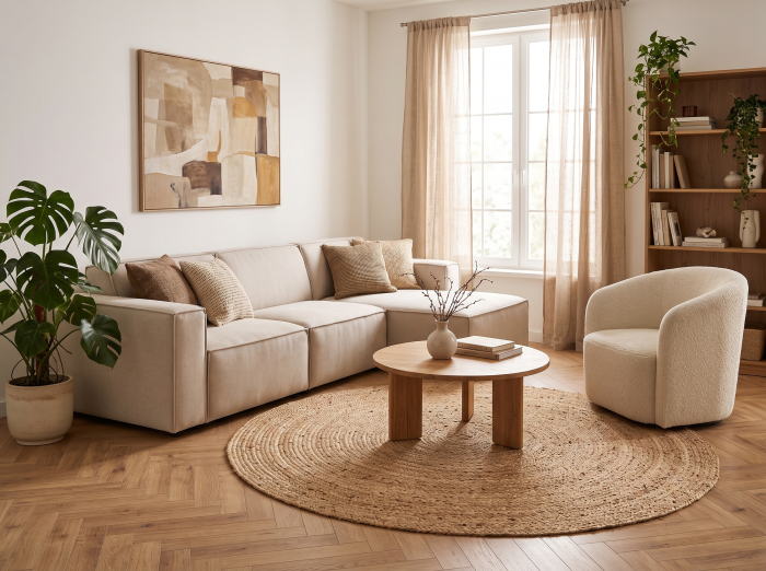 Covor rotund decorativ din iută împletită de 180 cm în culoare de nisip pe fundal alb [2]