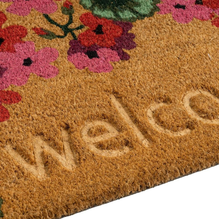 Covoraș din fibră de cocos cu flori roz și Welcome alb [3]