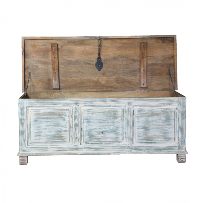 Cufăr Samos lemn reciclat 137x50x53 cm, rustic cu finisaj antichizat albastru. [3]