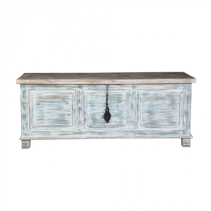 Cufăr Samos lemn reciclat 137x50x53 cm, rustic cu finisaj antichizat albastru. [2]