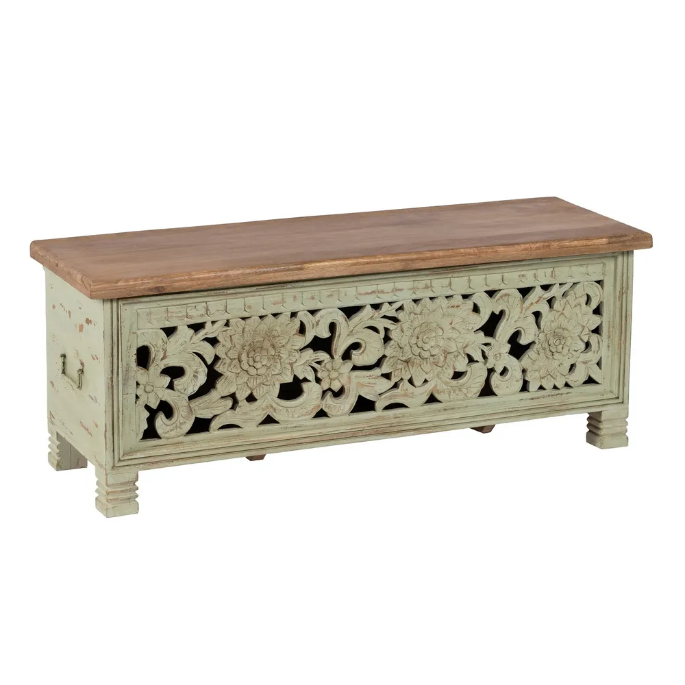 Cufar Bancheta Vintage Verde cu Sculpturi | Cufere de Depozitare [2]