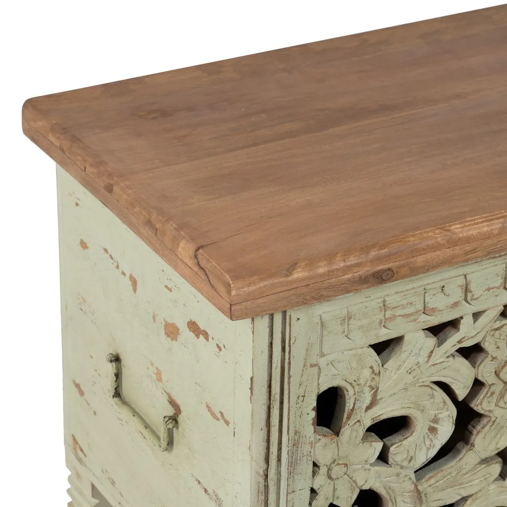 Cufar Bancheta Vintage Verde cu Sculpturi | Cufere de Depozitare [4]