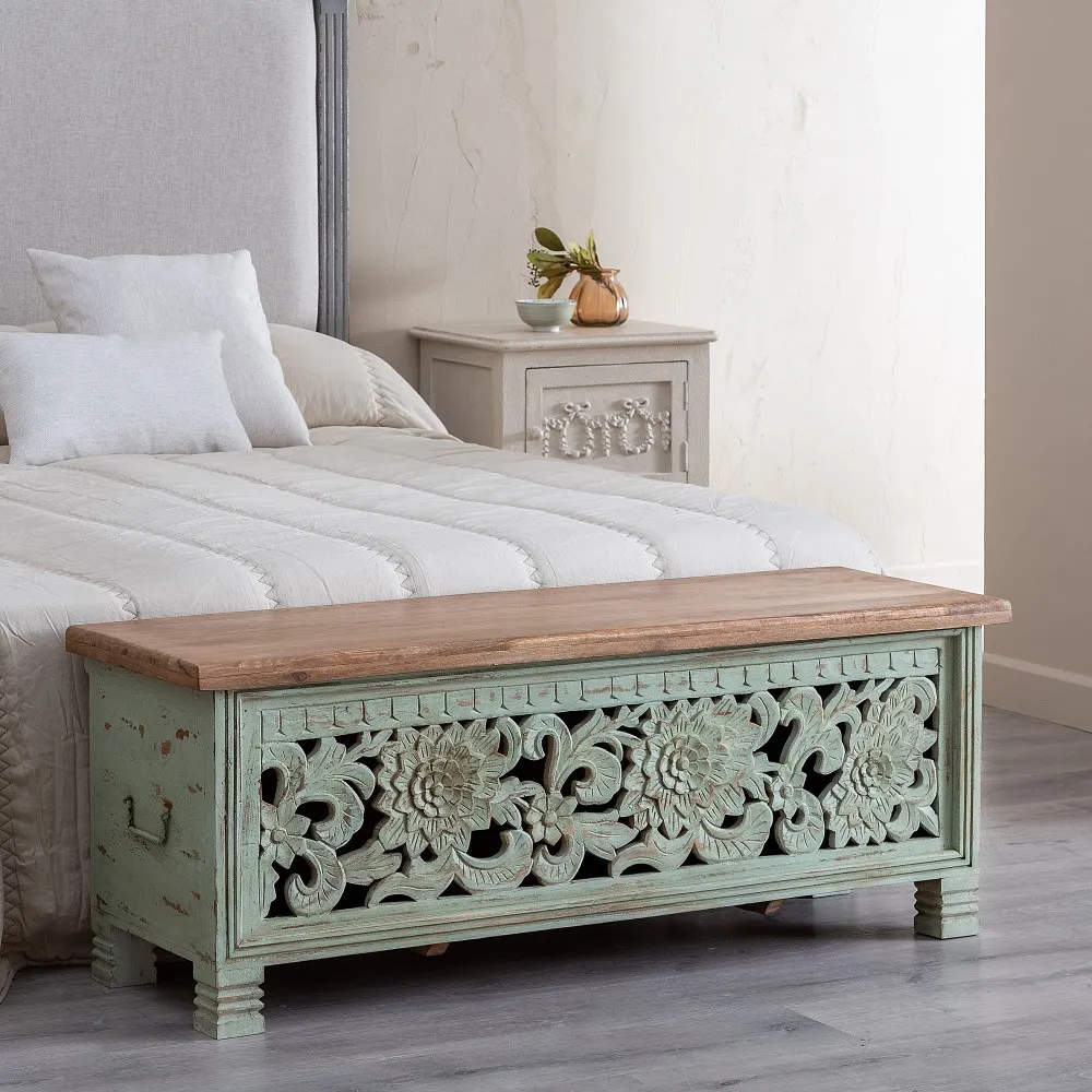 Cufar Bancheta Vintage Verde cu Sculpturi | Cufere de Depozitare [10]