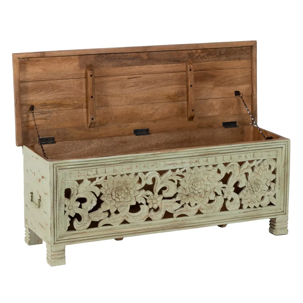 Cufar Bancheta Vintage Verde cu Sculpturi | Cufere de Depozitare [3]