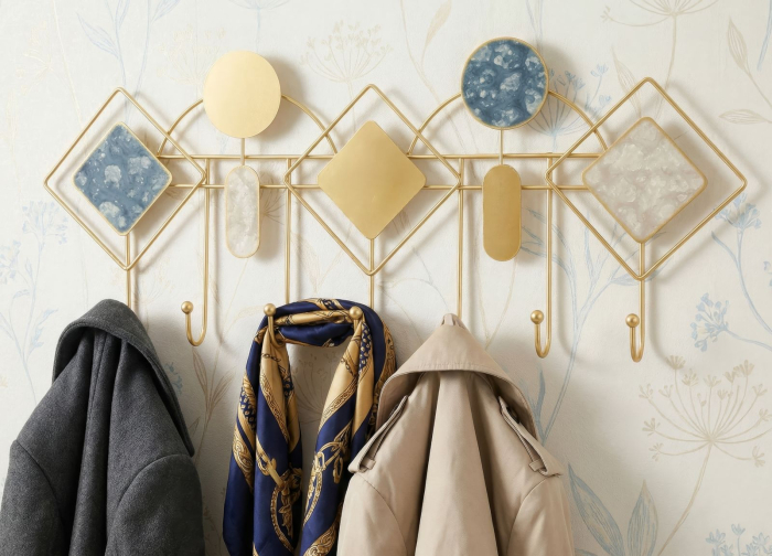 Cuier de perete decorativ metal auriu cu forme geometrice si accente albastre [2]