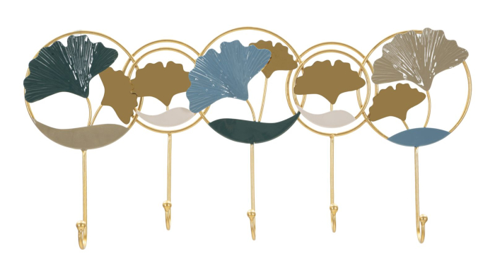Cuier de perete decorativ metal auriu cu frunze ginkgo multicolore [1]