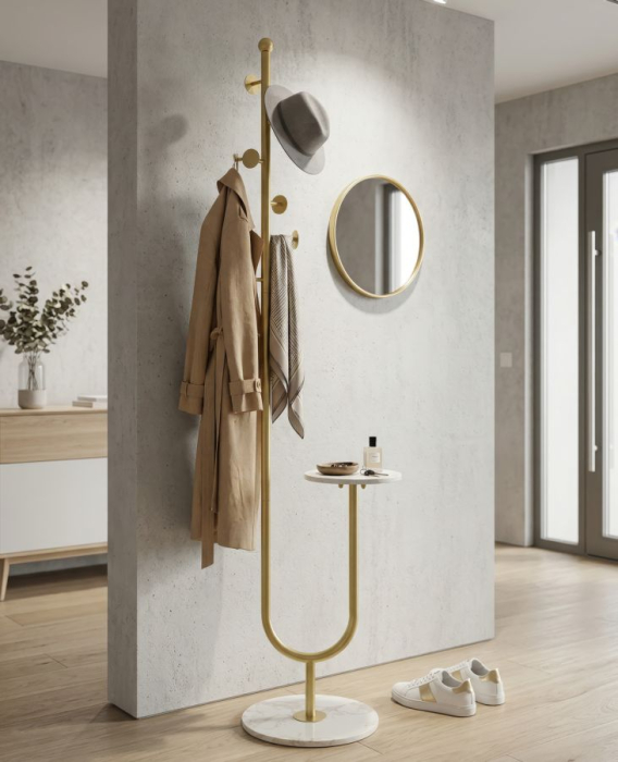 Cuier de podea metal auriu cu poliță laterală și bază marmură [8]