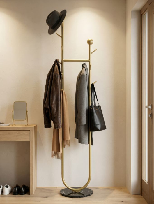 Cuier de podea din metal auriu cu cârlige și bază marmură neagră [7]