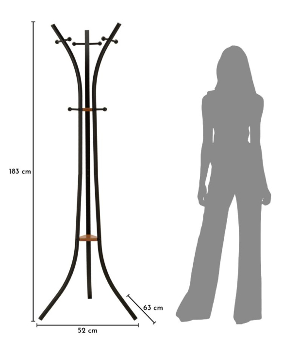 Cuier de podea metal negru cu lemn de stejar și cârlige [7]