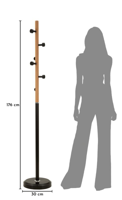 Cuier de podea metal negru cu suport lemn și cârlige laterale [7]