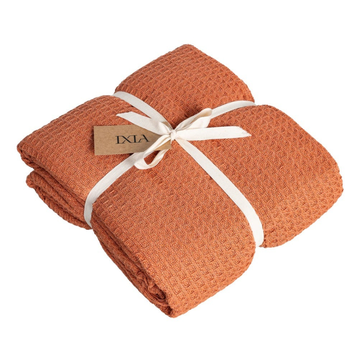 Cuvertură caramiziu din bumbac cu tesatura fagure si franjuri 200x260 [5]