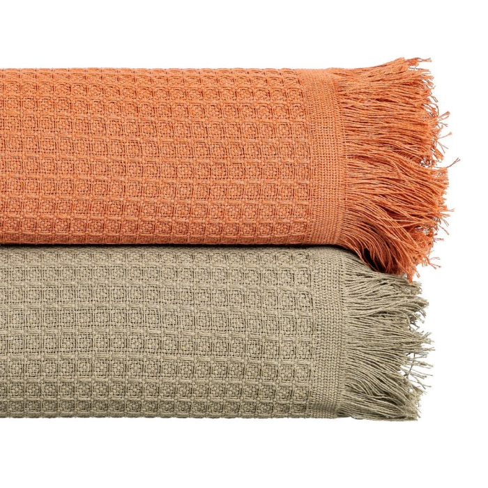 Cuvertură caramiziu din bumbac cu tesatura fagure si franjuri 200x260 [2]
