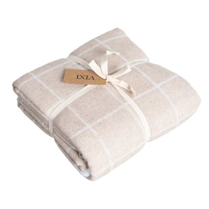 Cuvertură din bumbac bej cu model in carouri si franjuri [5]