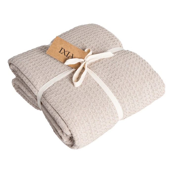 Cuvertură maro deschis din bumbac cu tesatura fagure si franjuri 250x260 [5]