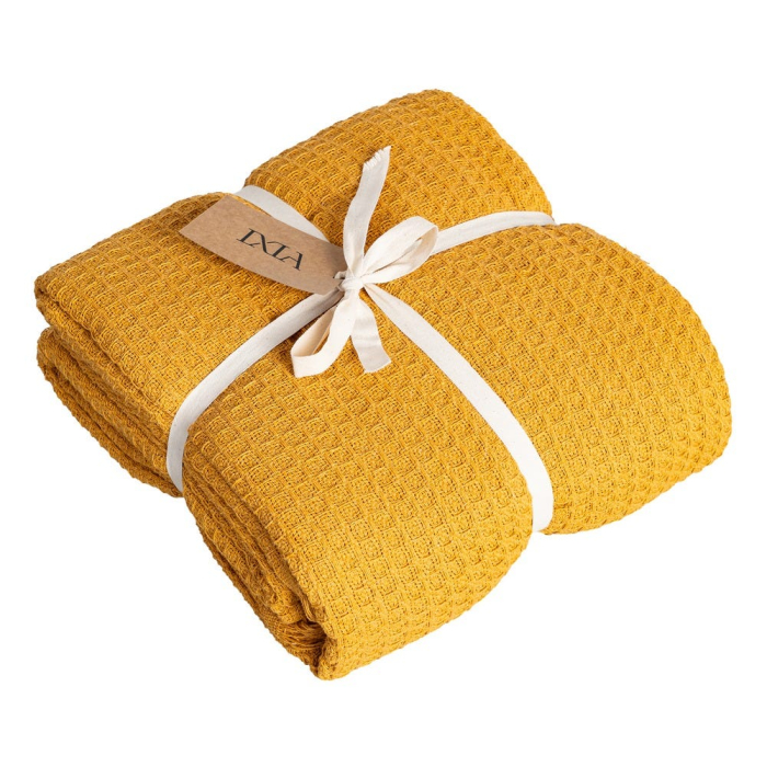 Cuvertură ocru din bumbac cu tesatura fagure si franjuri 200x260 [4]