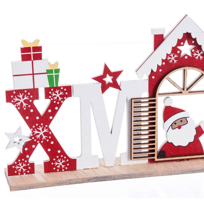 Decor din lemn pictat cu literele XMAS în roșu și alb căsuță cu Moș Crăciun în fereastră [2]