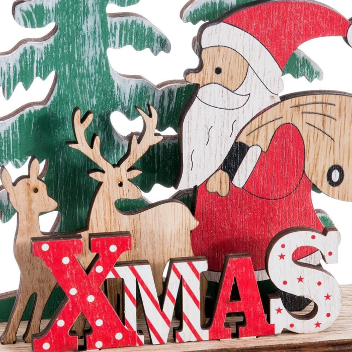 Decor din lemn pictat cu Moș Crăciun cu sac de daruri doi cerbi doi brazi și litere XMAS [2]