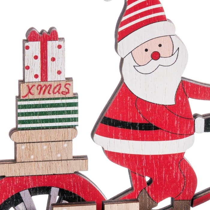 Decor din lemn pictat cu Moș Crăciun pe bicicletă roșie cu turn de cadouri și litere XMAS [2]