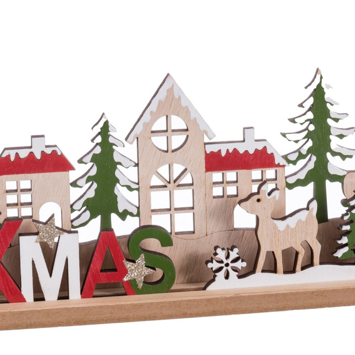 Decor din lemn cu sat de iarnă cu căsuțe cu acoperișuri roșii brazi cerbi trenuleț și litere XMAS [2]