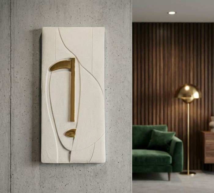 Decor perete ceramic alb cu detalii aurii pentru living și spații elegante din ceramică design vertical [5]