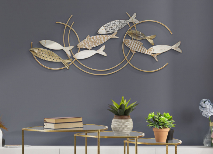 Decorațiune Perete Pești Stilizați și Cercuri Metalice Aurii CreativDeco - Accent Artistic Marin [2]
