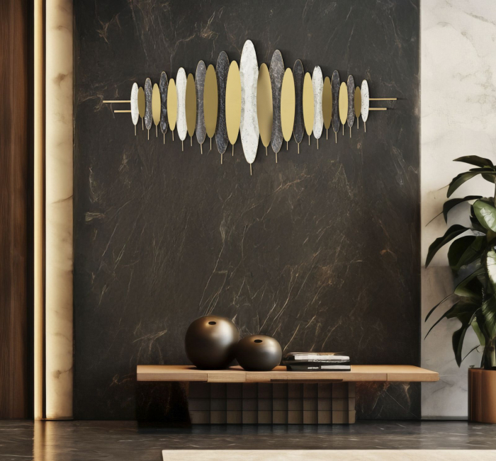 Decorațiune metalică de perete modernă cu accente aurii și gri [2]