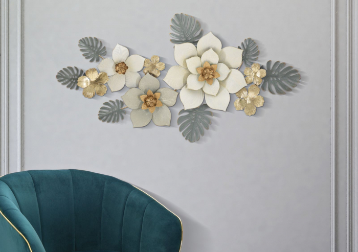 Decoratiune Perete Metalica Flori Frunze Alb Auriu CreativDeco - Modernitate si Stil [5]