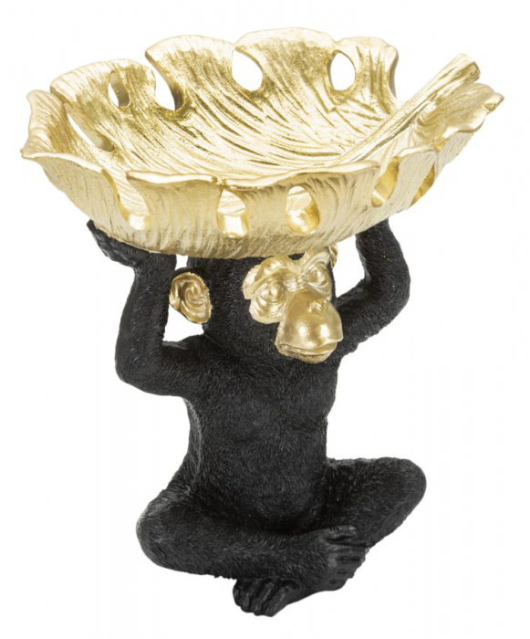Decoratiune Monkey cu platou, rasina, negru/auriu [3]