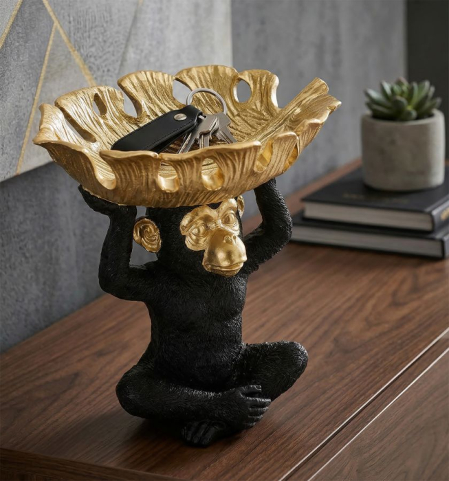 Decoratiune Monkey cu platou, rasina, negru/auriu [2]